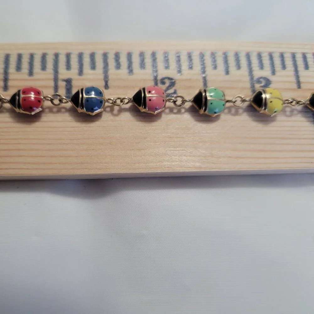 Lady Bug Multicolor Puffy Enamel Bracelet 10k Yellow Gold 3D - Picture 9 of 13